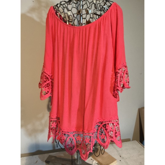 Le Rouge Tops - Le Rouge Women‎ 1X Coral Pink Crochet Lace Trim Peasant Blouse Boho Top